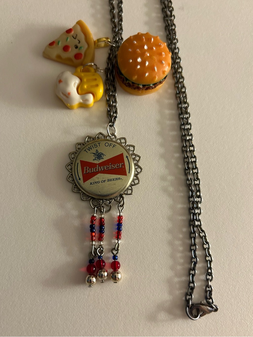 Necklace Bud Bottlecap w beads, pizza, s burger, a Foaming mug silvertone chain